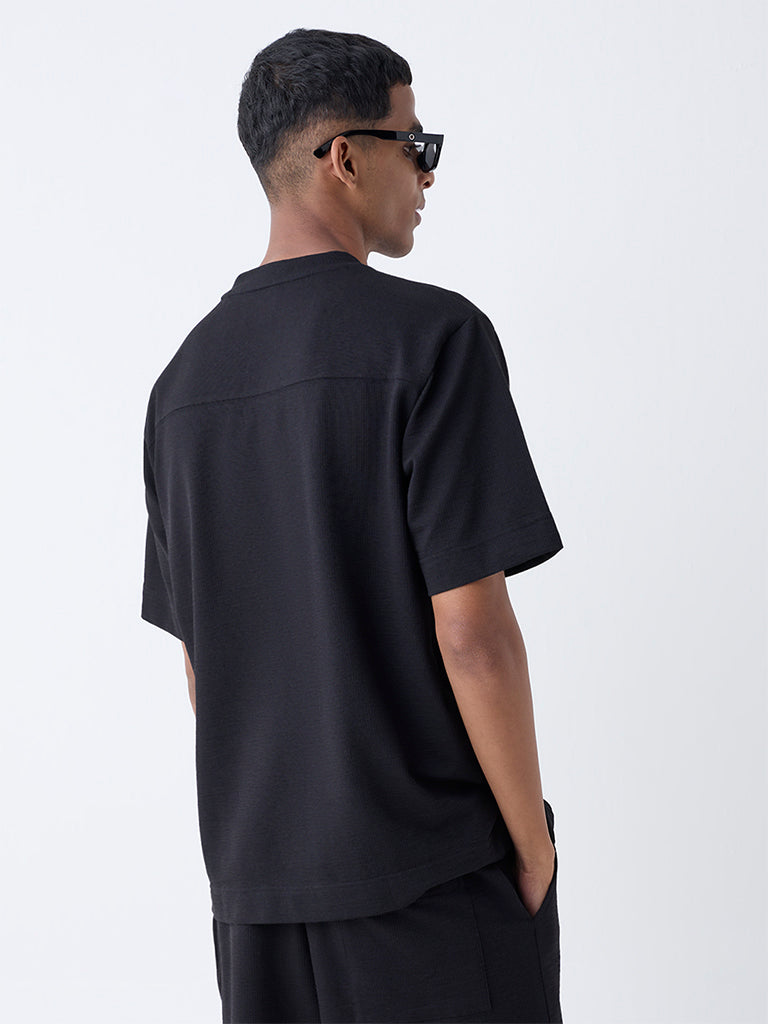 Studiofit Black Self-Textured Relaxed-Fit Cotton-Blend T-Shirt
