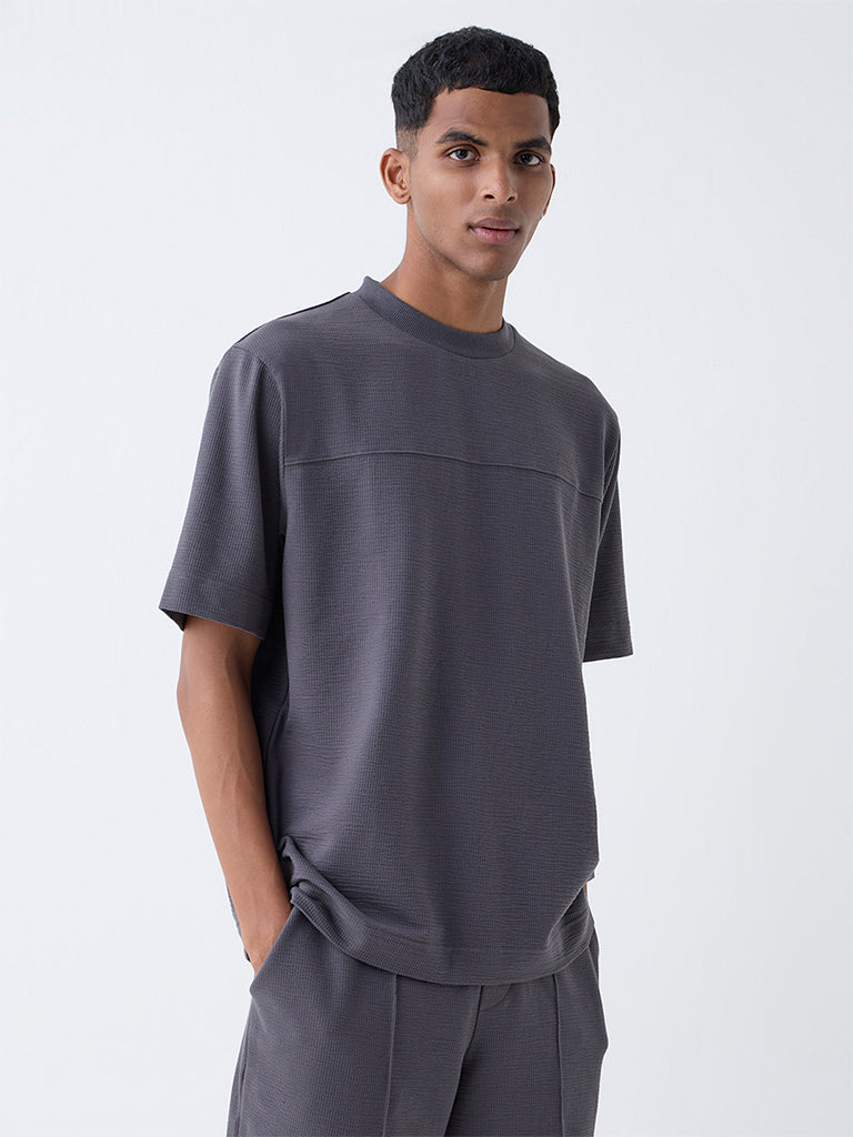 Studiofit Dark Grey Self-Textured Relaxed-Fit Cotton-Blend T-Shirt