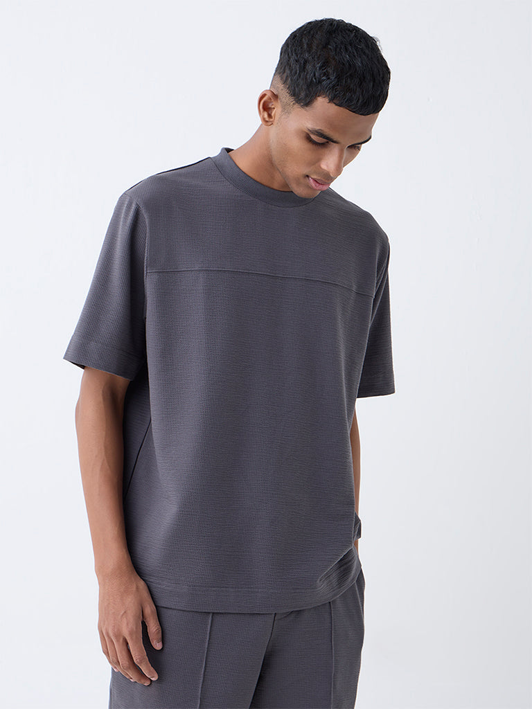 Studiofit Dark Grey Self-Textured Relaxed-Fit Cotton-Blend T-Shirt