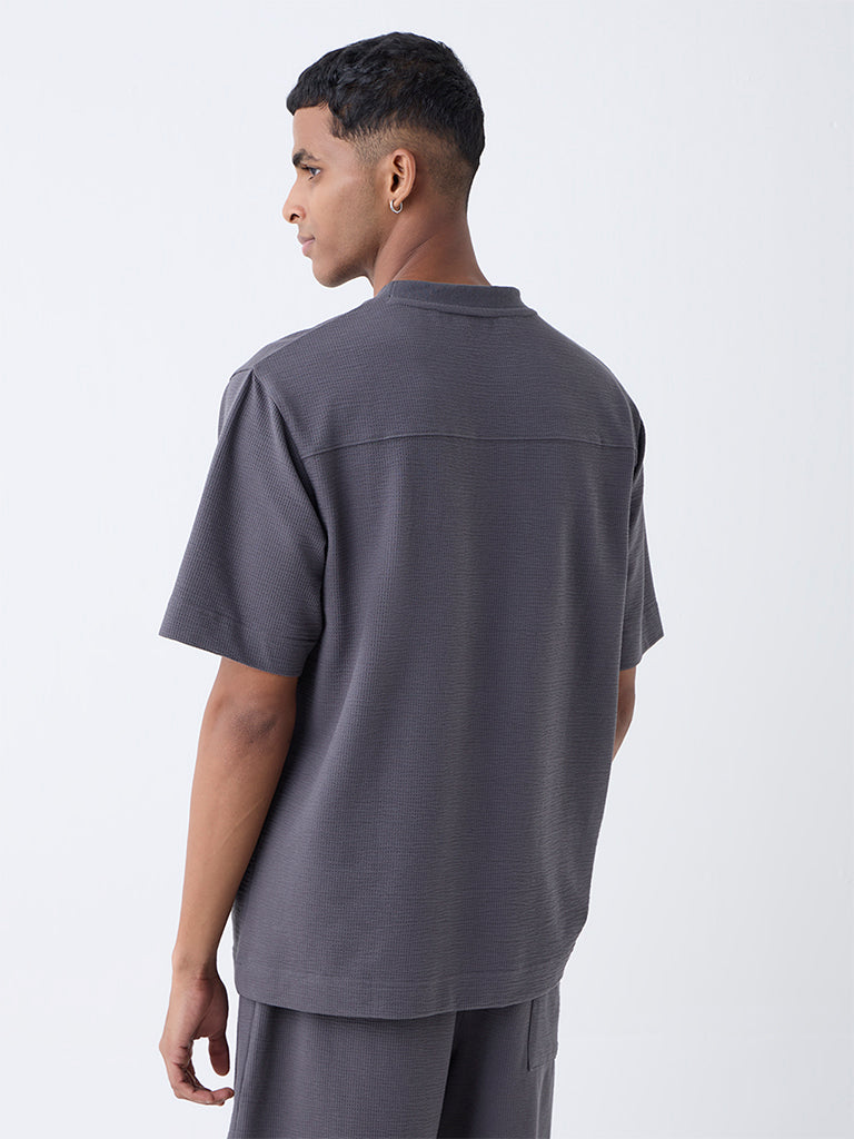 Studiofit Dark Grey Self-Textured Relaxed-Fit Cotton-Blend T-Shirt