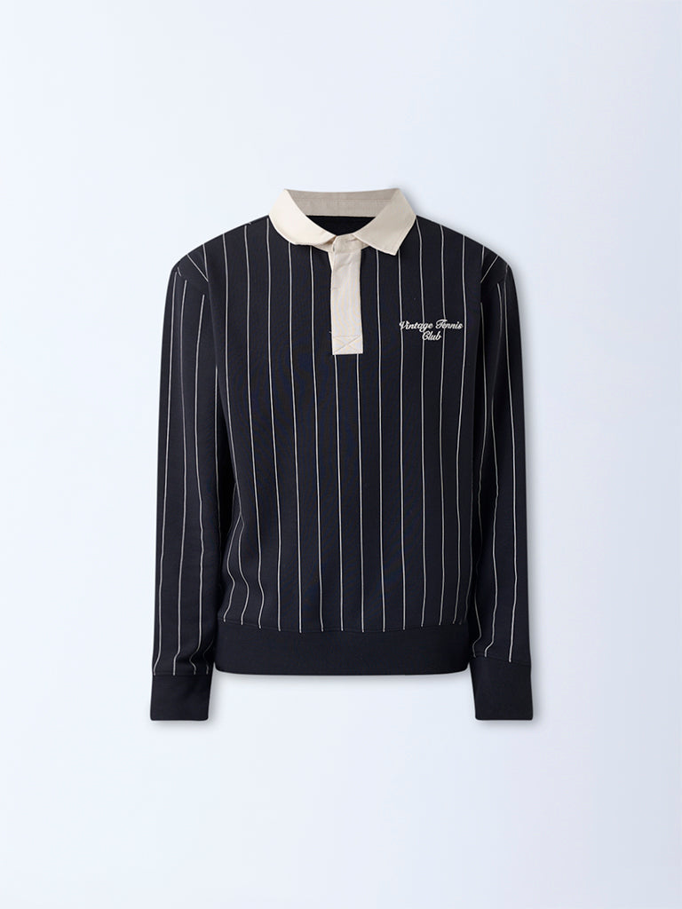 Studiofit Black Striped Relaxed-Fit Polo Sweatshirt