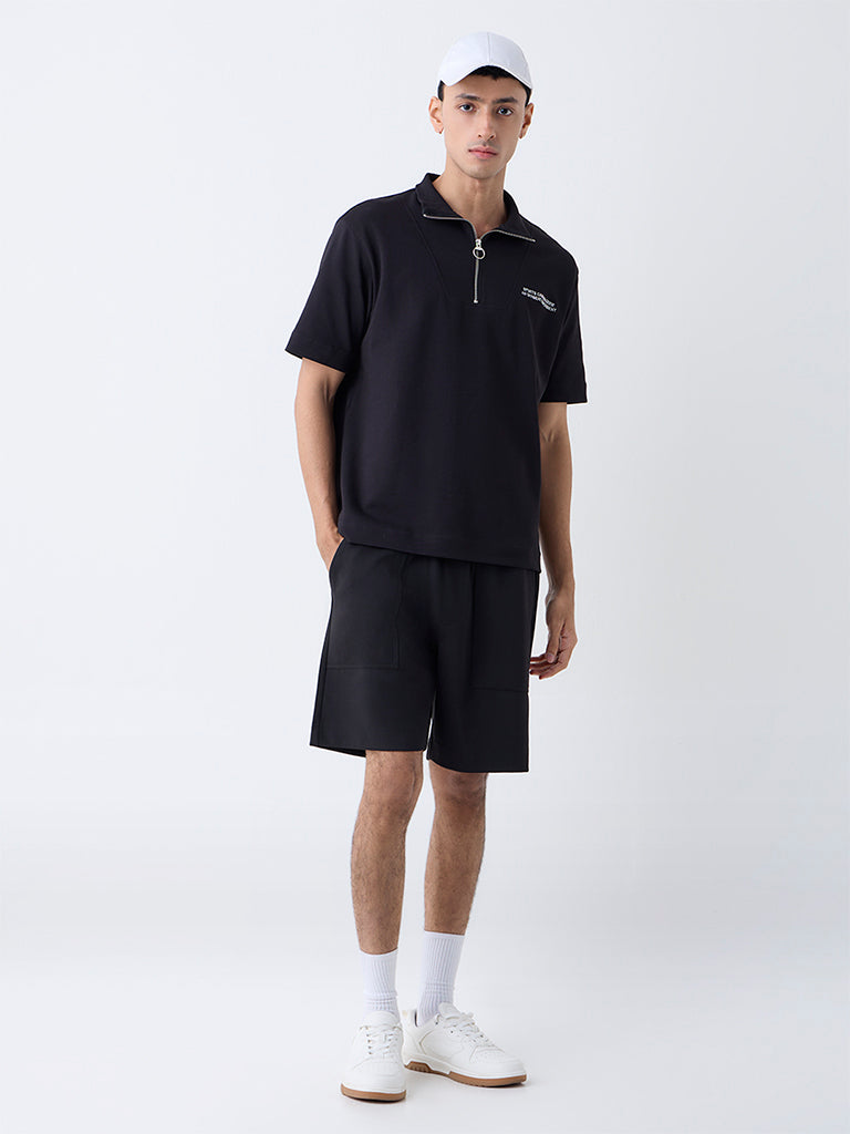 Studiofit Black Relaxed-Fit Cotton-Blend Quarter-Zip T-Shirt