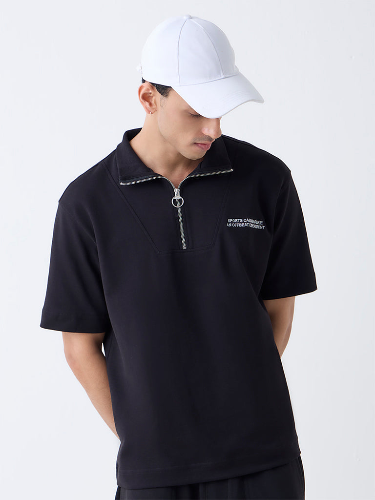 Studiofit Black Relaxed-Fit Cotton-Blend Quarter-Zip T-Shirt