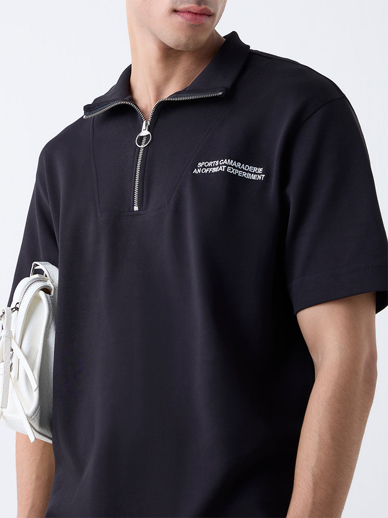 Studiofit Black Relaxed-Fit Cotton-Blend Quarter-Zip T-Shirt