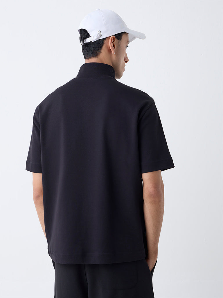 Studiofit Black Relaxed-Fit Cotton-Blend Quarter-Zip T-Shirt