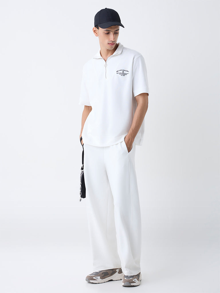 Studiofit White Relaxed-Fit Cotton-Blend Quarter-Zip T-Shirt