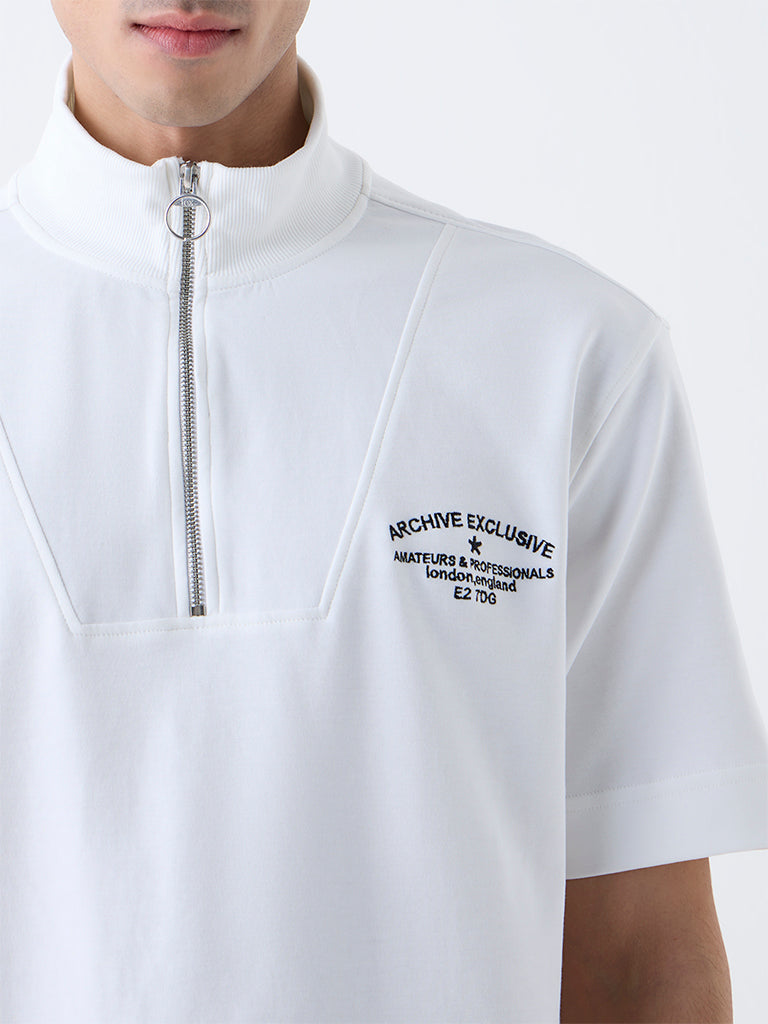 Studiofit White Relaxed-Fit Cotton-Blend Quarter-Zip T-Shirt