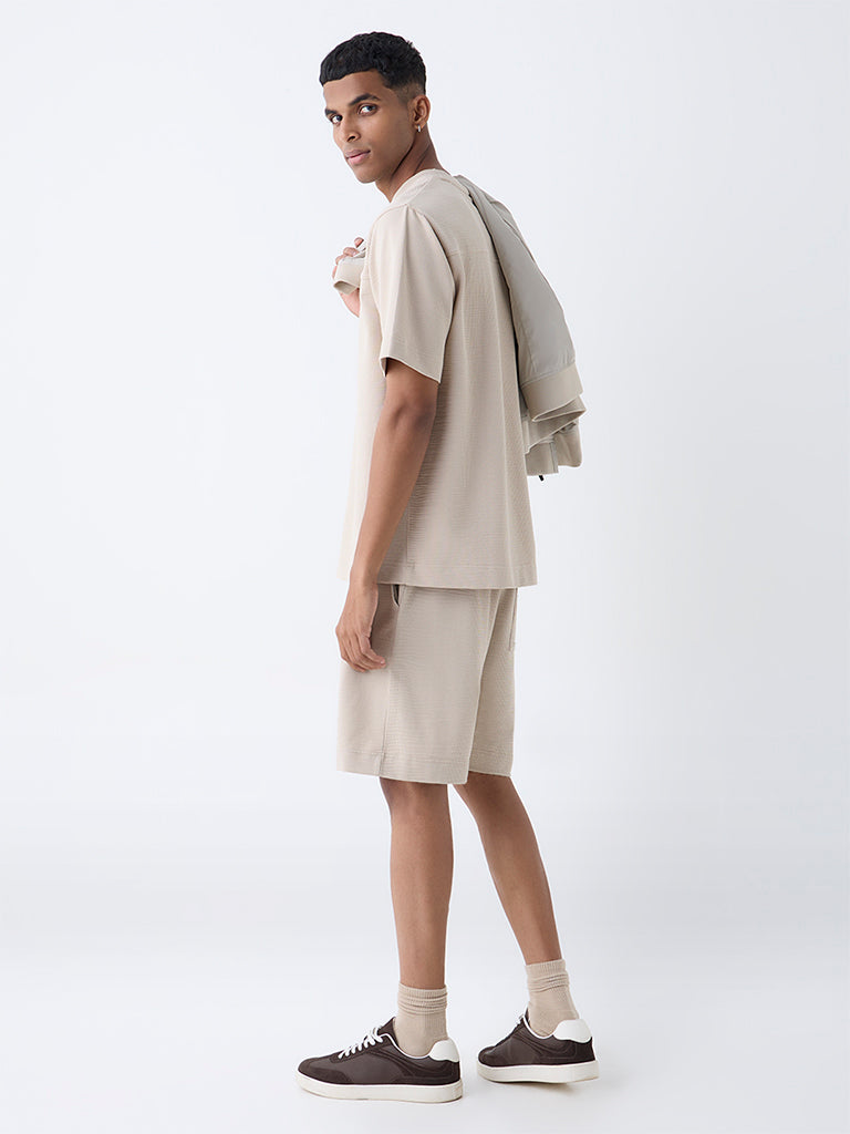 Studiofit Beige Self-Textured Relaxed-Fit Mid-Rise Cotton-Blend Shorts