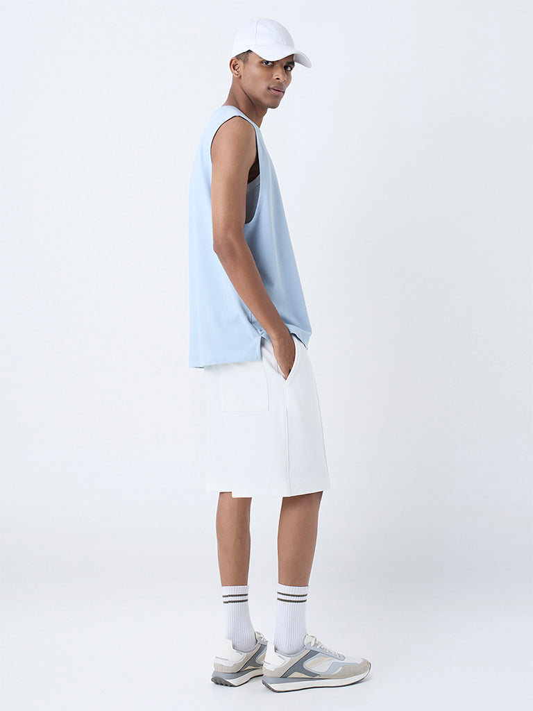 Studiofit White Solid Relaxed-Fit Mid-Rise Cotton-Blend Shorts