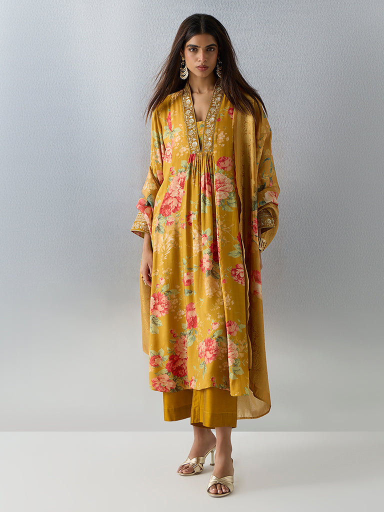 Vark Mustard Floral Embroidered Fit-and-Flare Ethnic Set