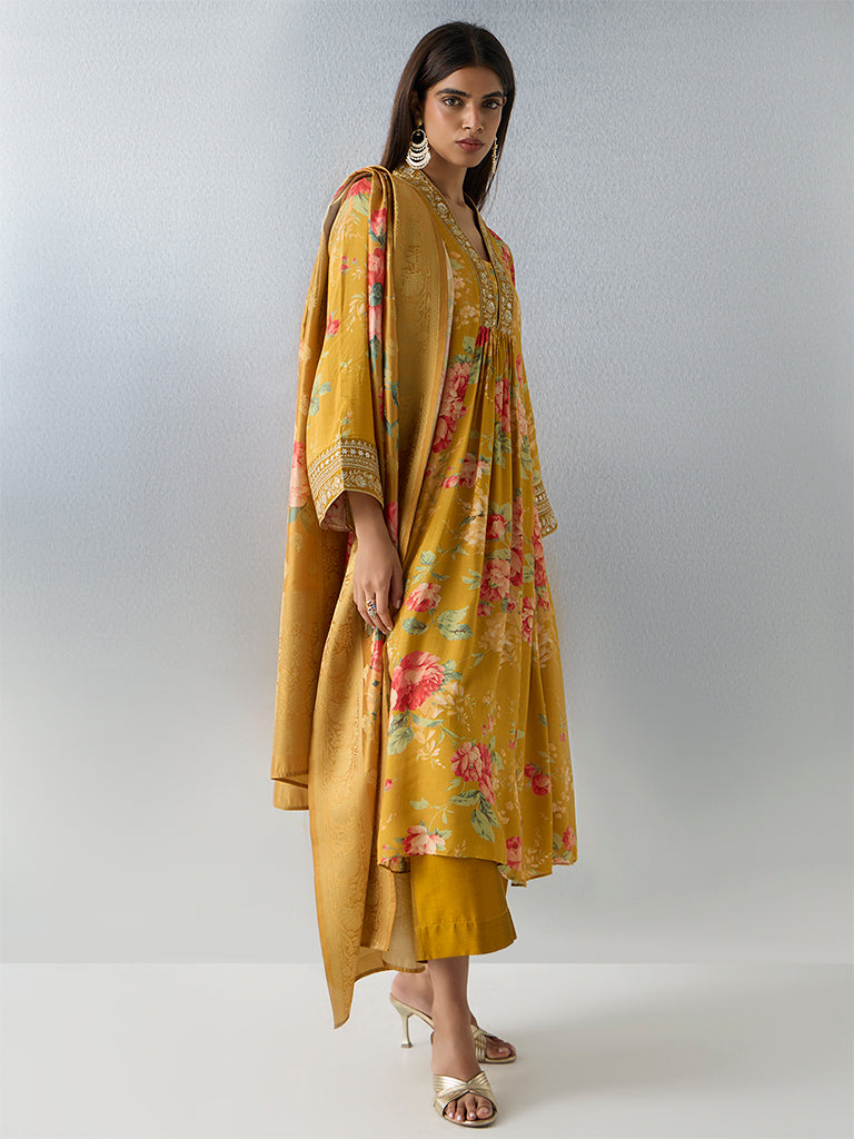Vark Mustard Floral Embroidered Fit-and-Flare Ethnic Set