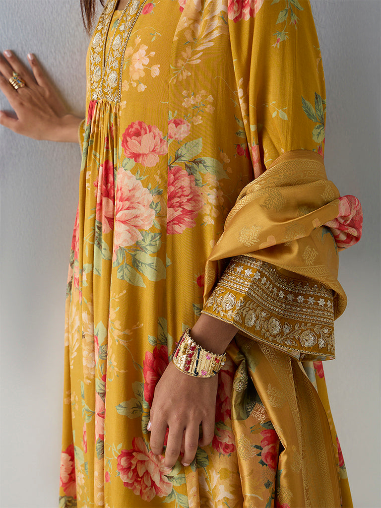 Vark Mustard Floral Embroidered Fit-and-Flare Ethnic Set