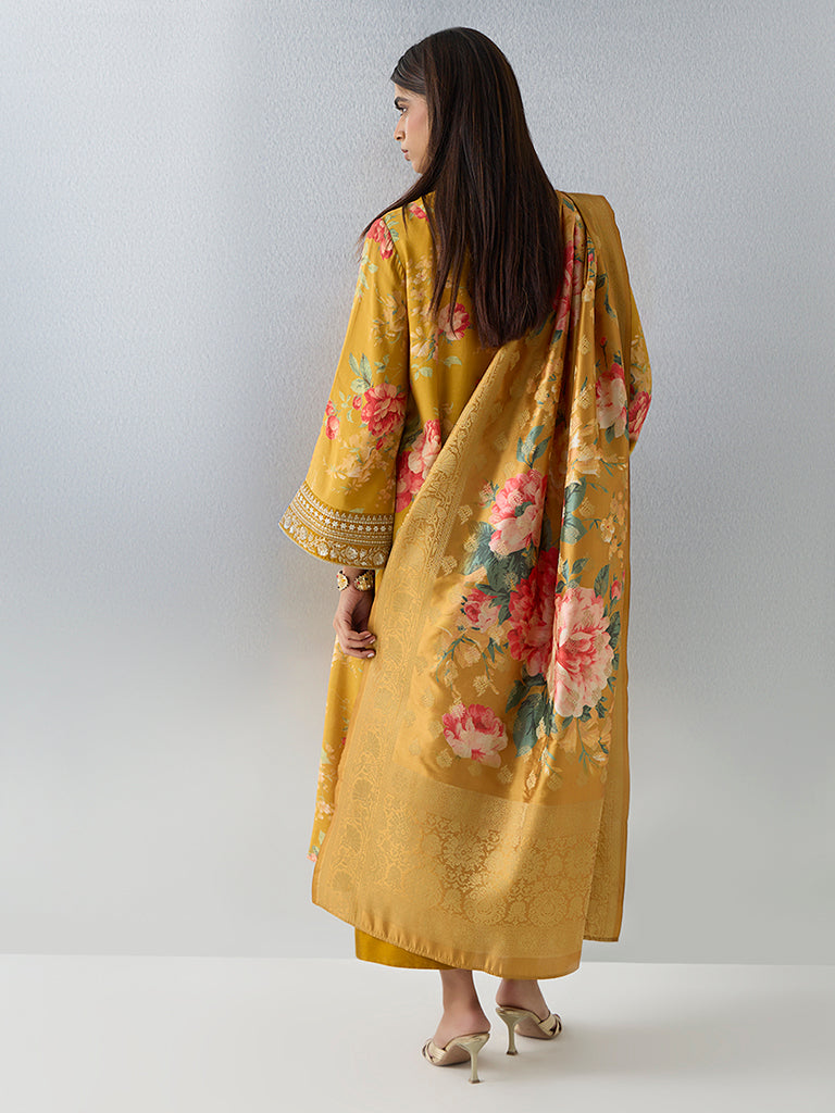 Vark Mustard Floral Embroidered Fit-and-Flare Ethnic Set