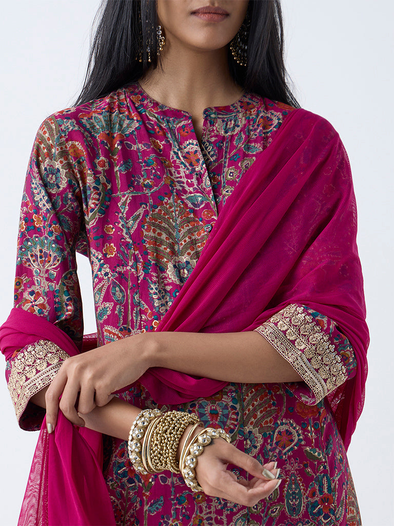 Vark Magenta Foliage Printed A-Line Ethnic Set