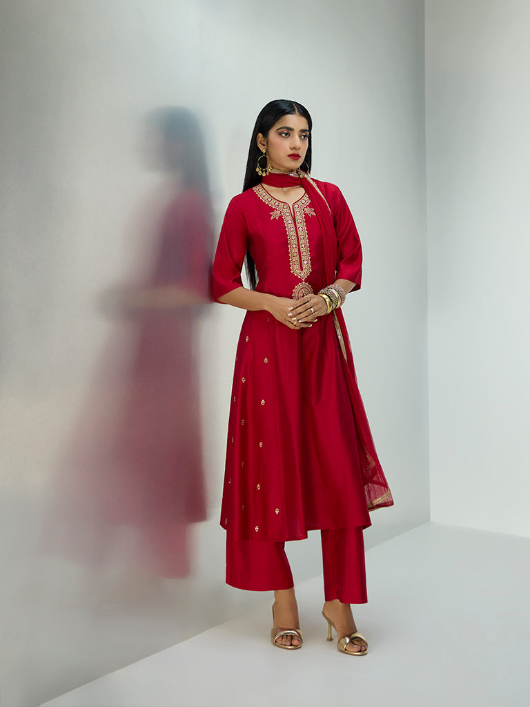 Vark Maroon Zari Embroidered Anarkali Ethnic Set