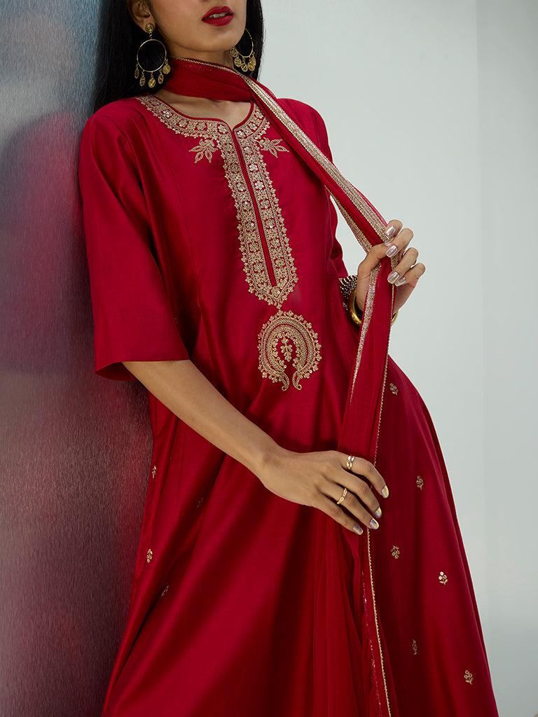 Vark Maroon Zari Embroidered Anarkali Ethnic Set