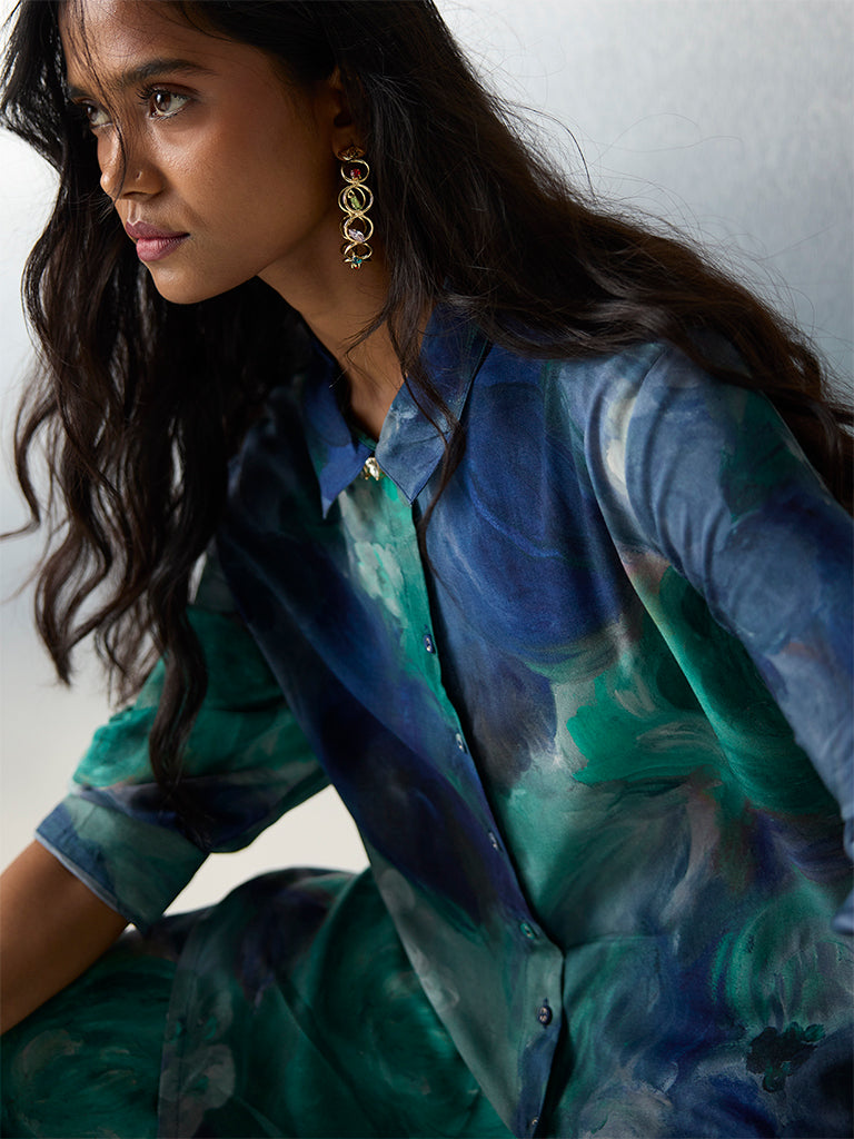 Utsa Green Watercolour Floral Pattern Tunic