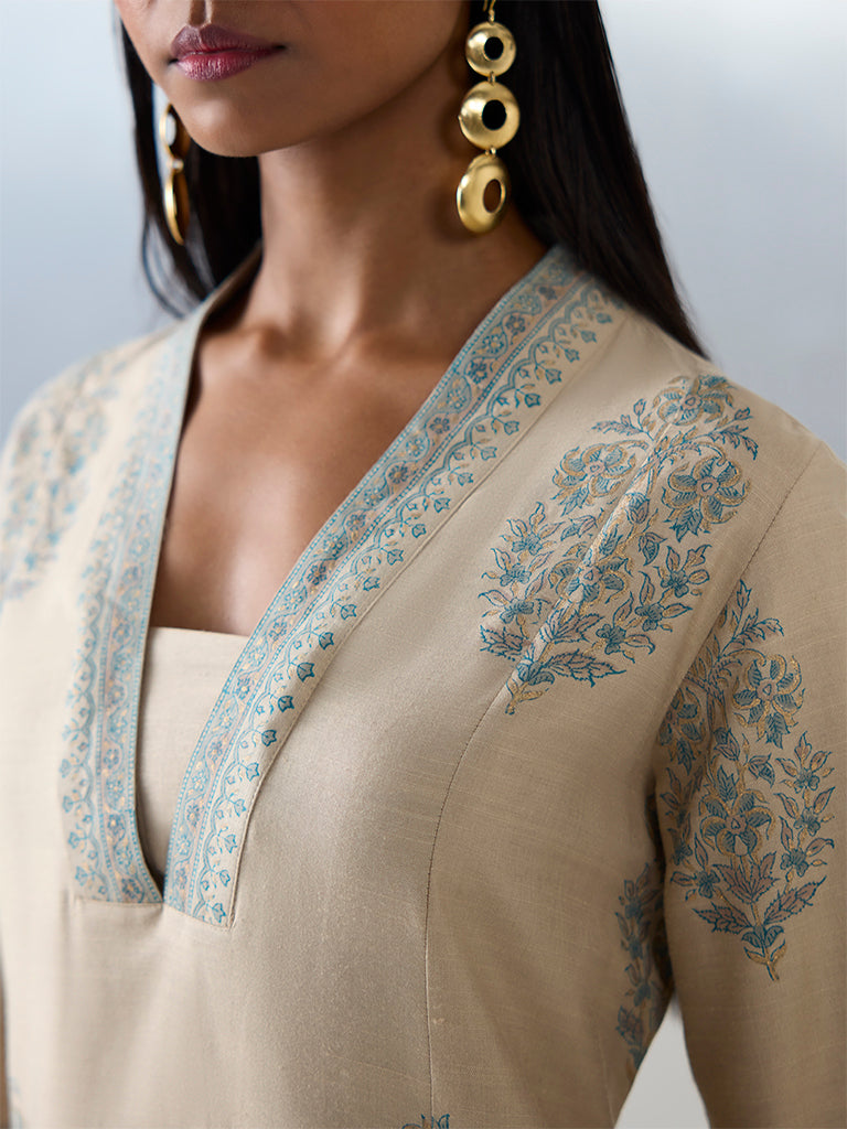 Zuba Beige Floral Printed A-Line Kurta
