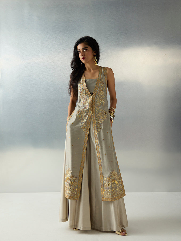 Vark Silver Floral Embroidered A-Line Ethnic Set