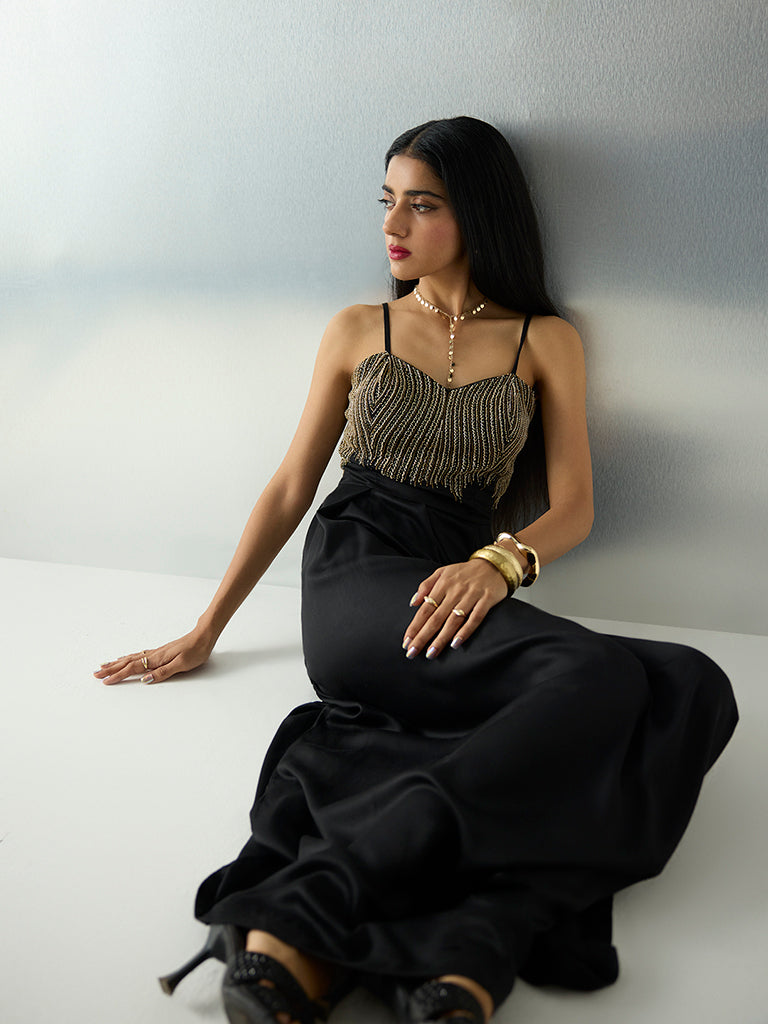 Vark Black Embellished A-Line Dress
