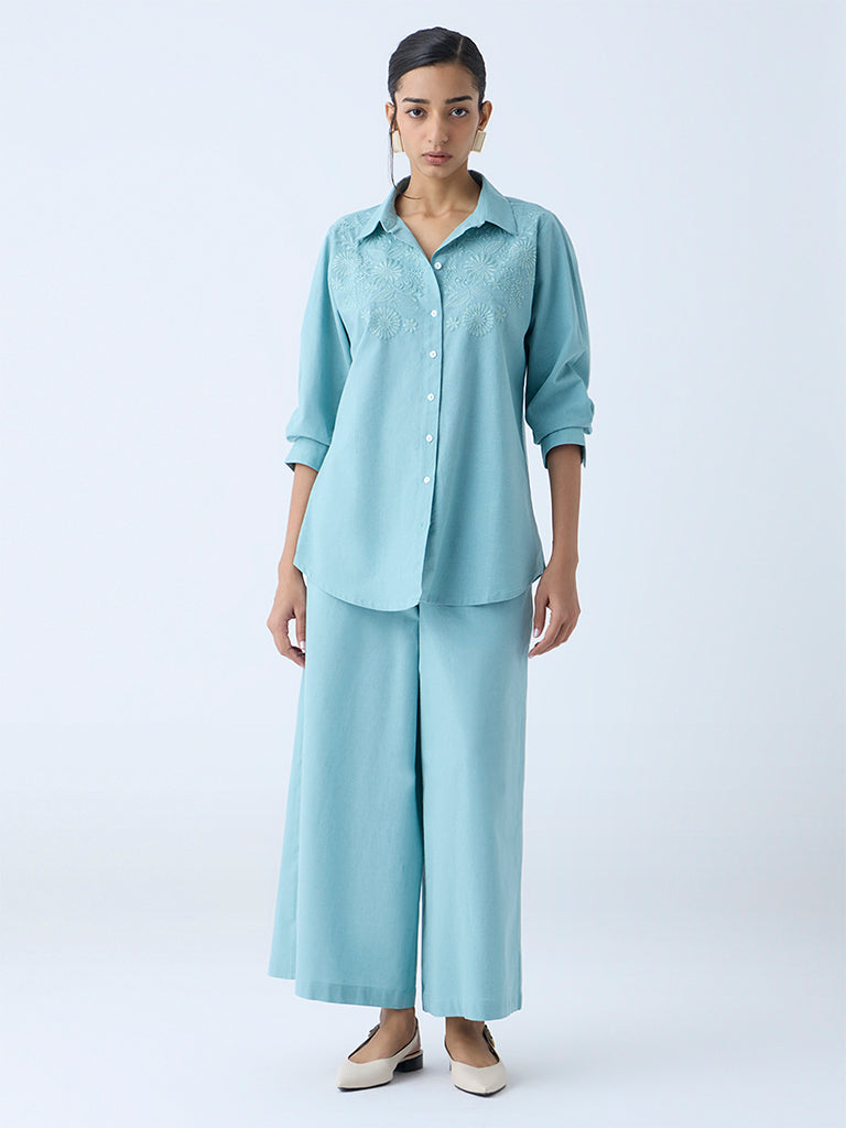 Zuba Aqua Solid Cotton-Blend Palazzos