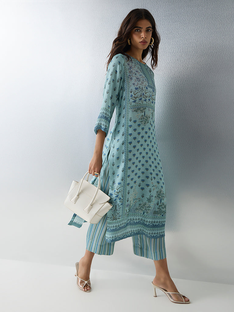 Zuba Aqua Floral Printed A-Line Kurta