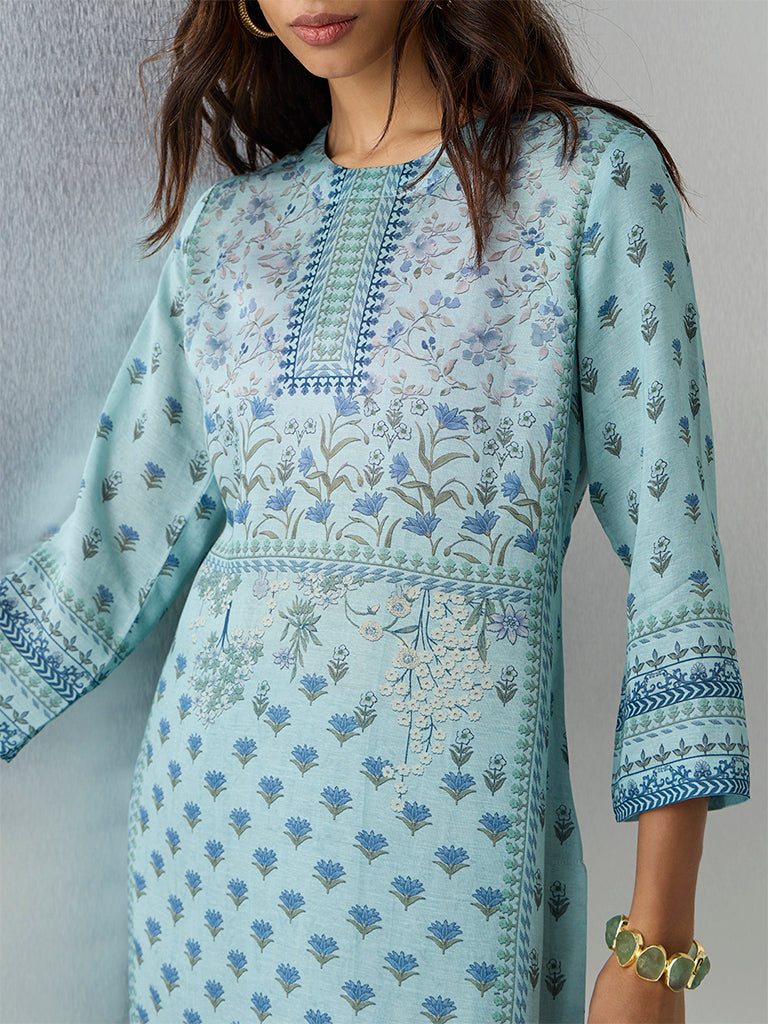 Zuba Aqua Floral Printed A-Line Kurta