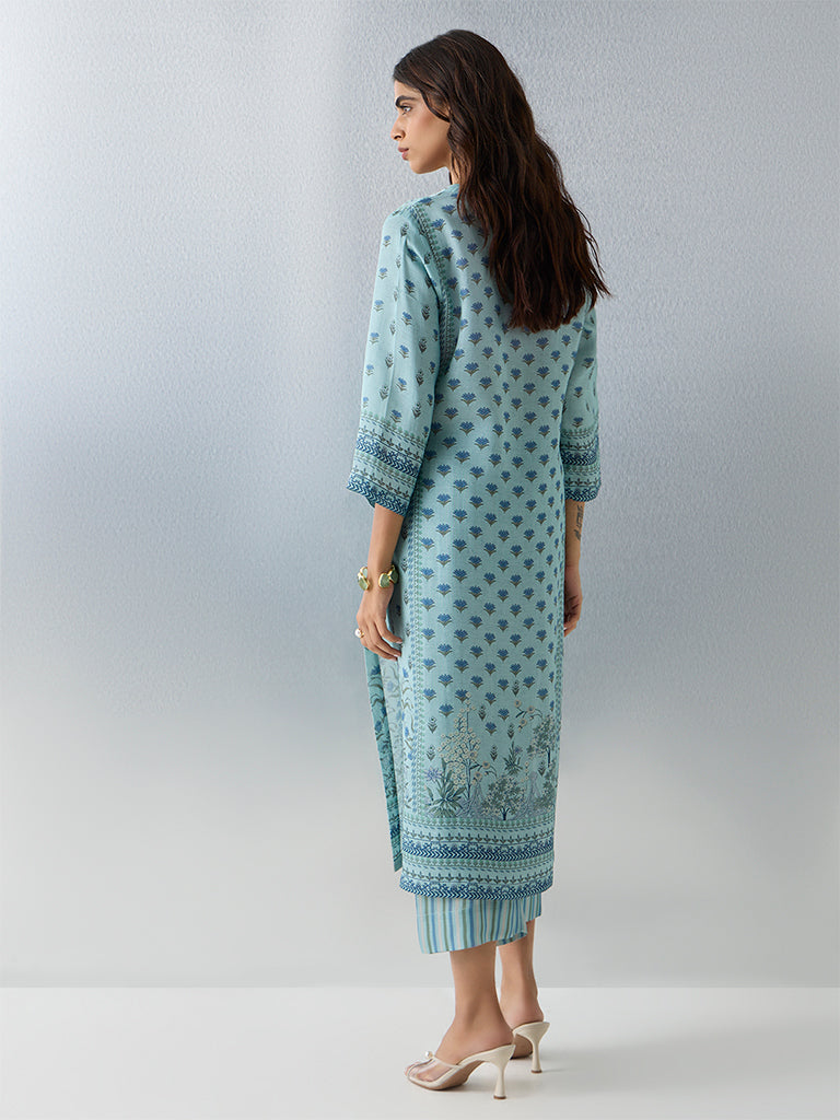 Zuba Aqua Floral Printed A-Line Kurta