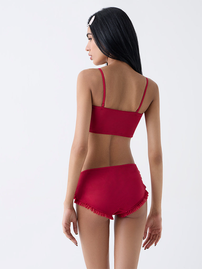 Superstar Red Ruffle-Detailed Padded Bandeau Bra