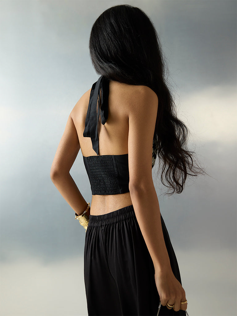 Vark Black Paisley Embroidered Waistcoat-Style Top