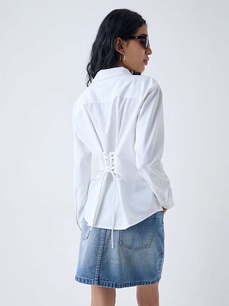 Westside Nuon Women's White Criss-Cross Detailed Shirt for Casual Wear Back View