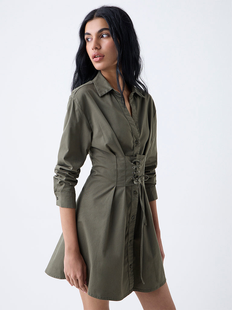 Westside Nuon Women's Olive Criss-Cross Detailed Cotton-Blend Shirt Dress for Casual Wear Front view