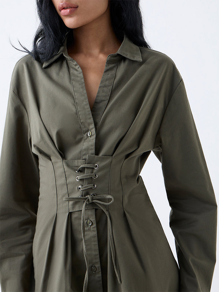 Westside Nuon Women's Olive Criss-Cross Detailed Cotton-Blend Shirt Dress for Casual Wear Zoomed View