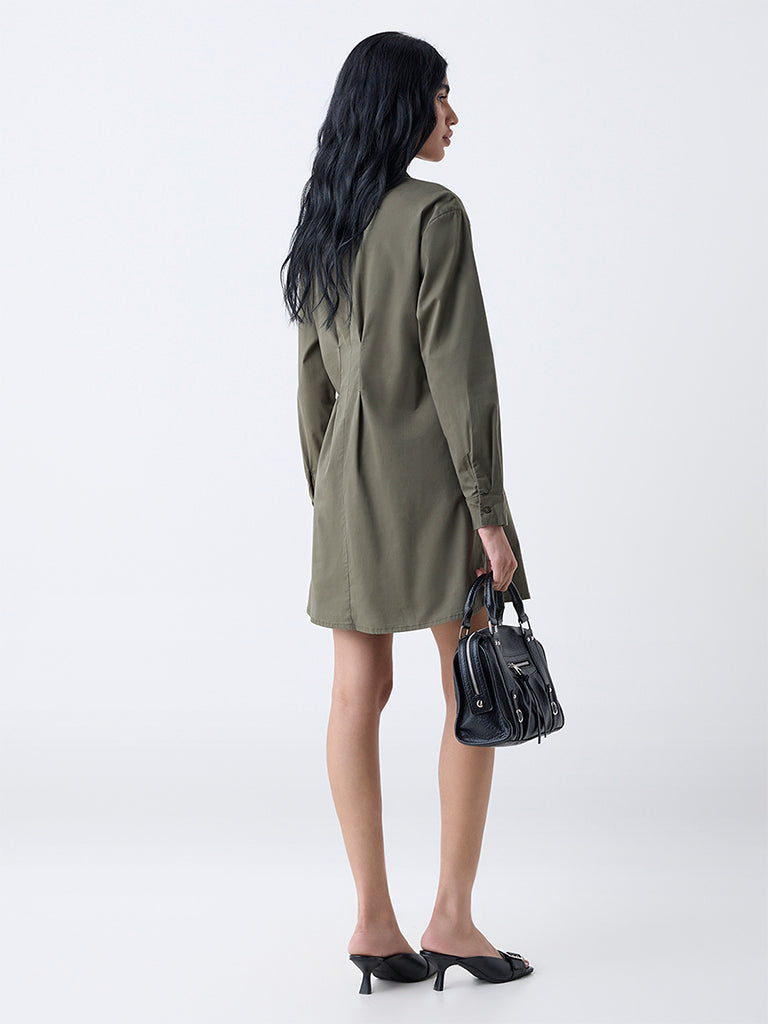 Westside Nuon Women's Olive Criss-Cross Detailed Cotton-Blend Shirt Dress for Casual Wear Back View