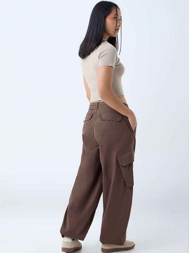 Westside Nuon Women's Brown Cargo-Style High-Rise Cotton-Blend Pants for Casual Wear Back View