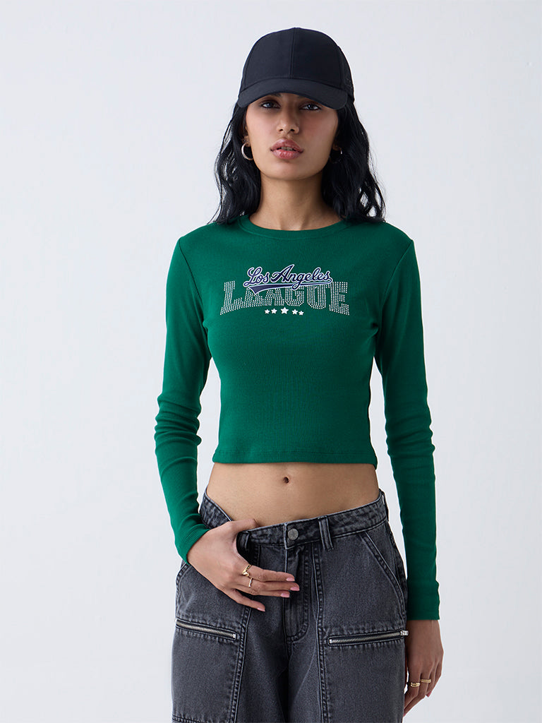Nuon Dark Green Text Design Cotton-Blend T-Shirt