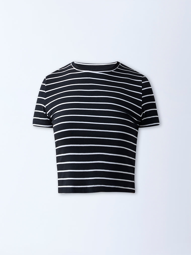 Westside Nuon Women's Black Striped Cotton-Blend T-Shirt for Casual Wear Flatlay