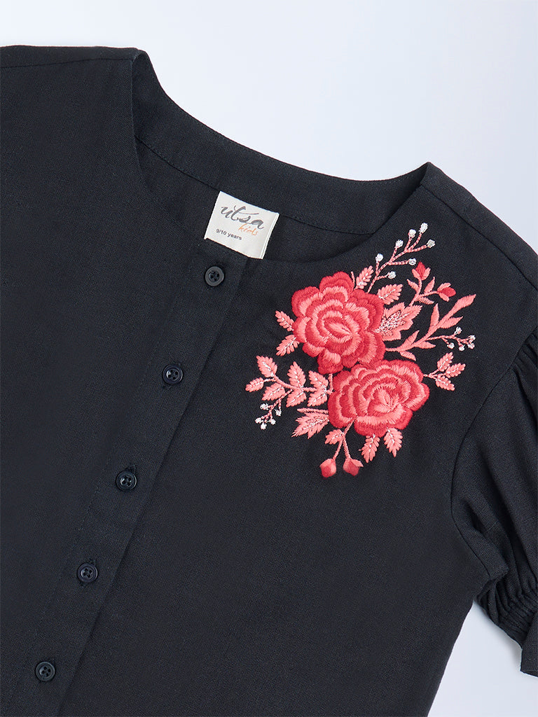 Utsa Kids Black Floral Embroidered Cotton-Blend Top - (8-14yrs)