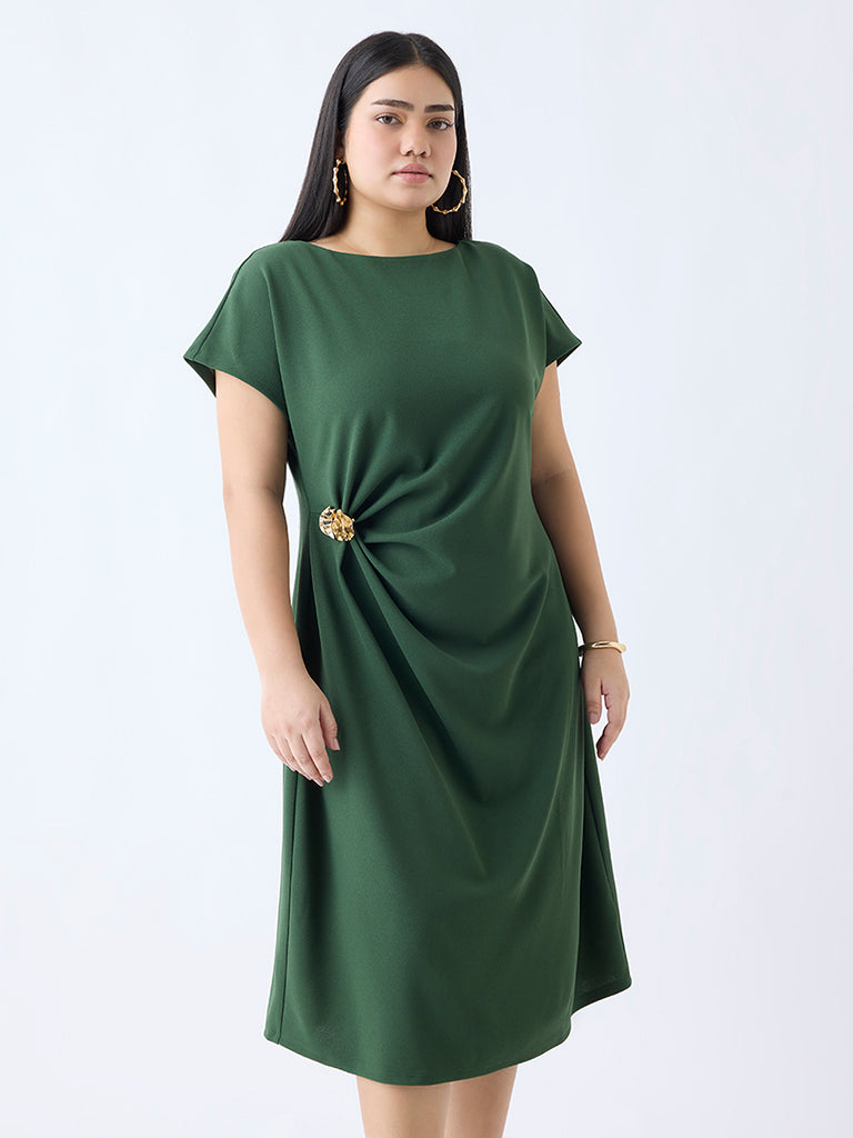 Gia Olive Brooch Detailed A-Line Dress