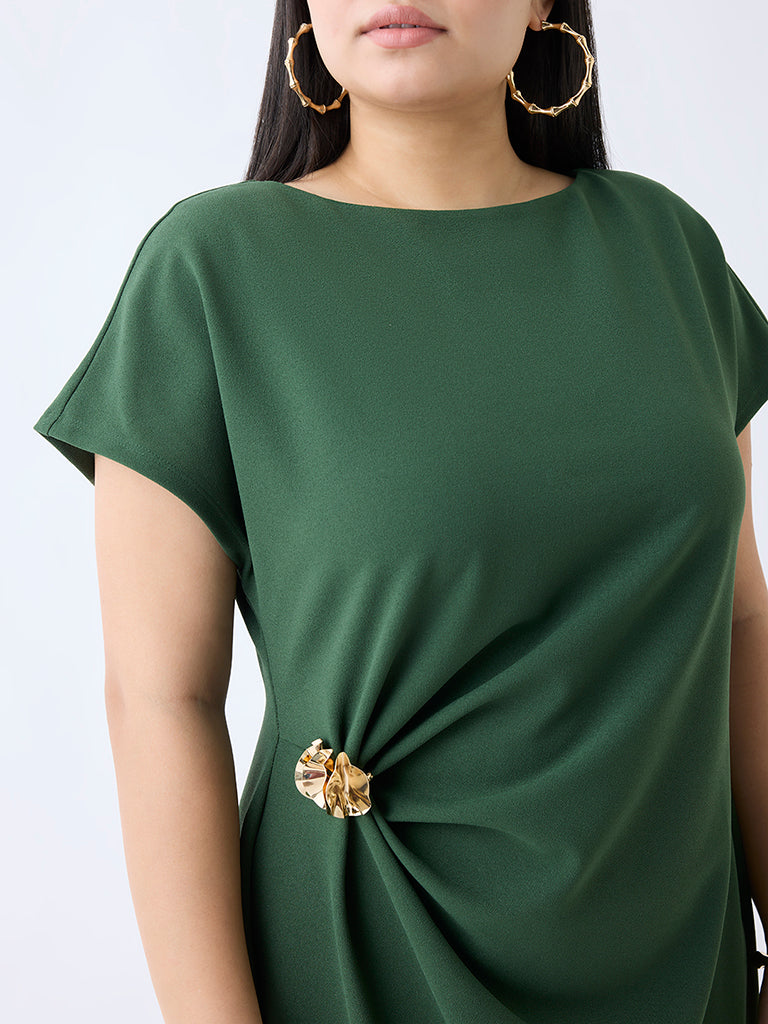 Gia Olive Brooch Detailed A-Line Dress