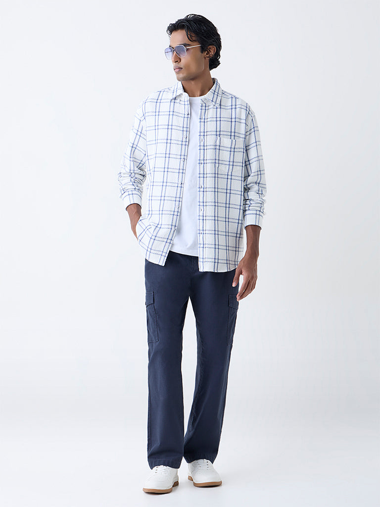 WES Casuals White Checks Detailed Relaxed-Fit Cotton Shirt