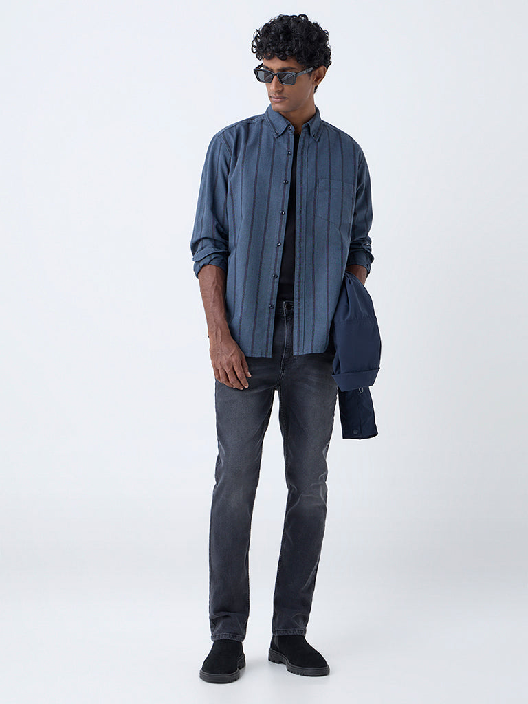 WES Casuals Charcoal Striped Relaxed-Fit Cotton Shirt