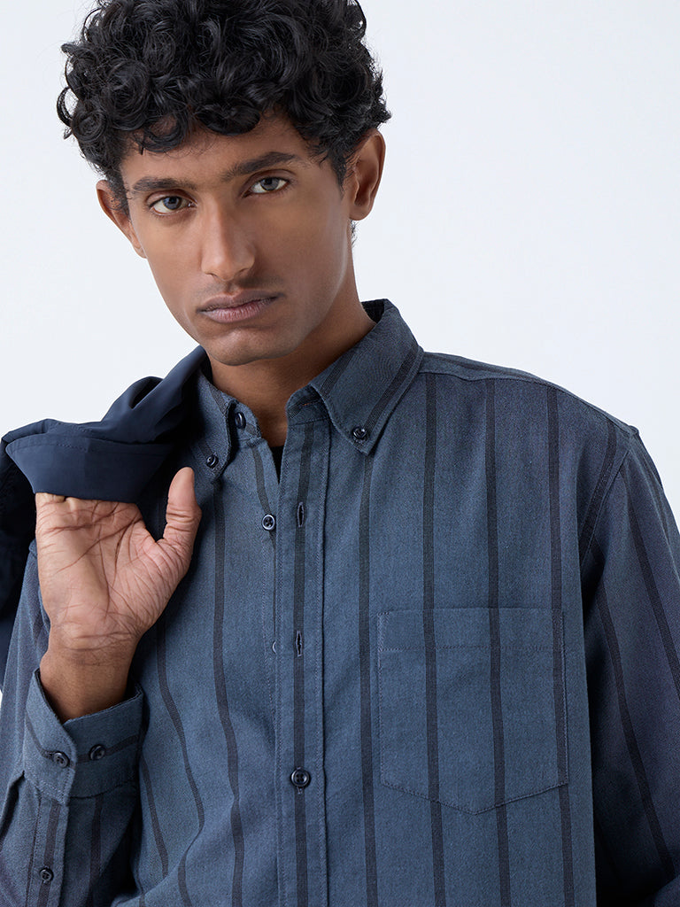 WES Casuals Charcoal Striped Relaxed-Fit Cotton Shirt