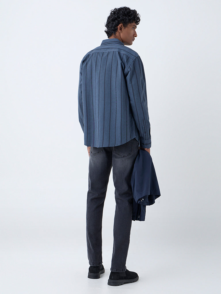WES Casuals Charcoal Striped Relaxed-Fit Cotton Shirt