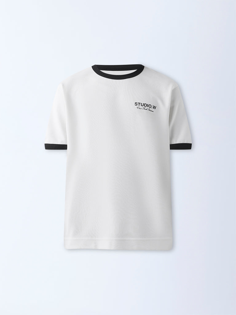 Studiofit Off-White Text Design Relaxed-Fit Cotton-Blend T-Shirt
