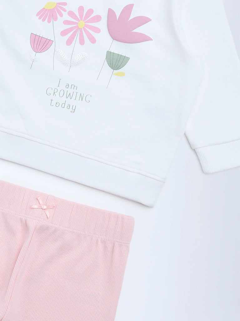 HOP Baby White Floral Printed Cotton Sweatshirt and Pants Set