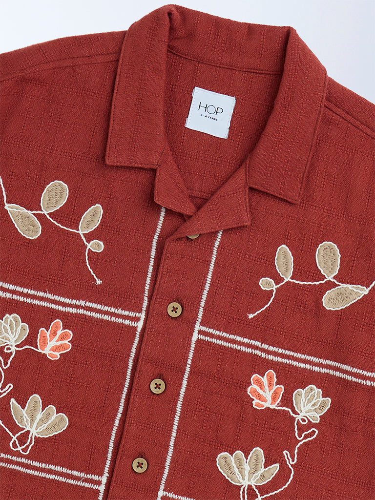 HOP Kids Rust Floral Embroidered Resort-Fit Shirt