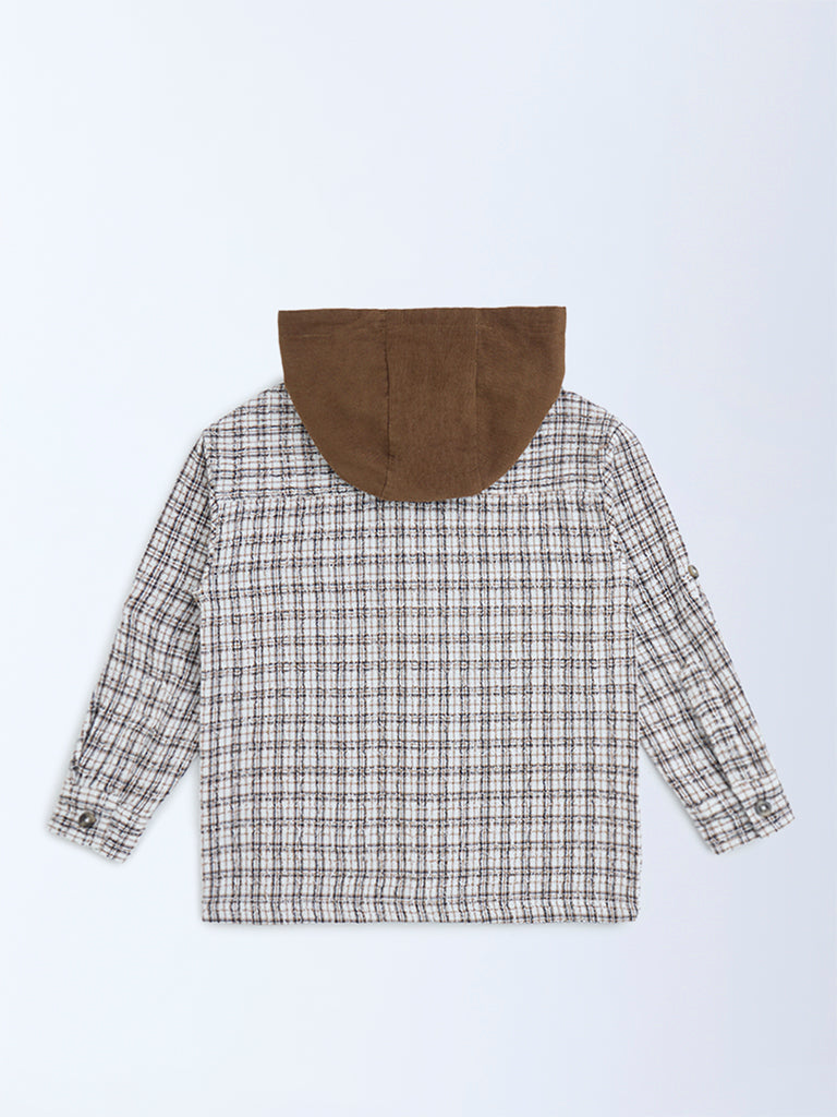 HOP Kids Brown Checkered Hooded Shirt