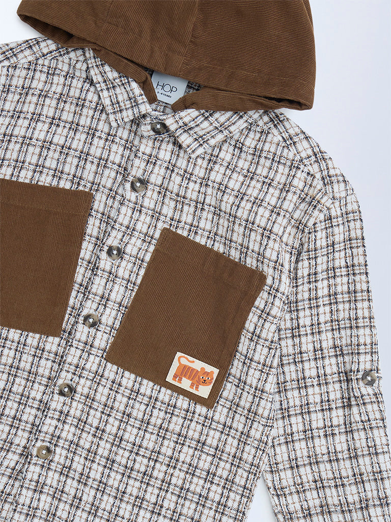 HOP Kids Brown Checkered Hooded Shirt