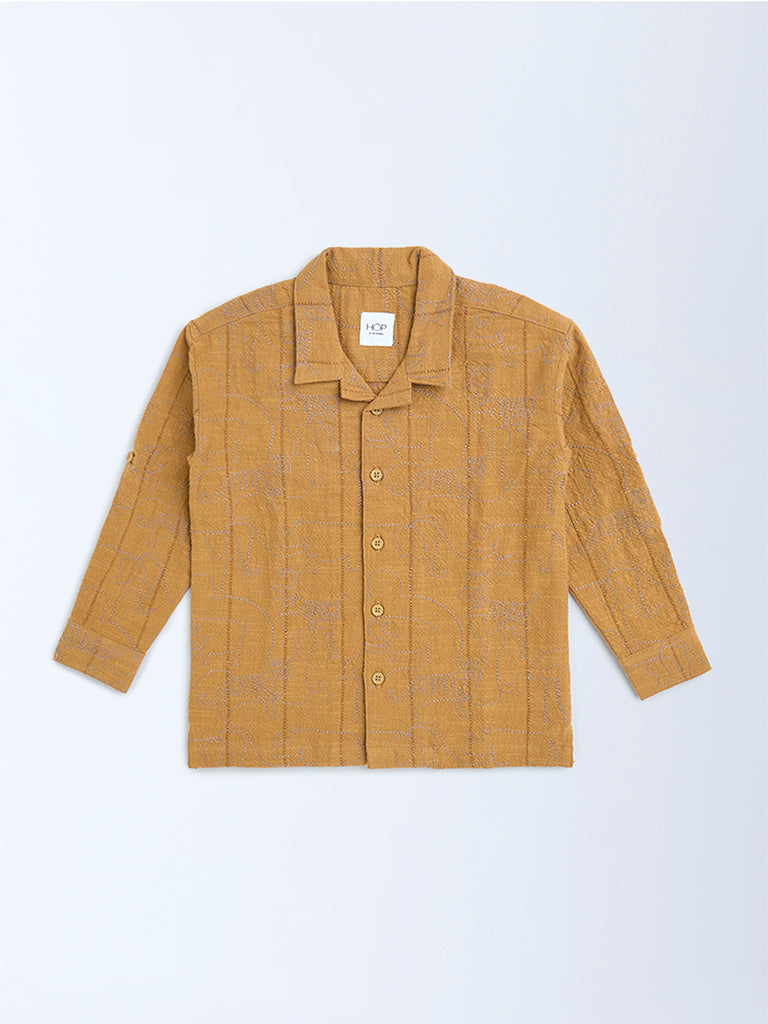 HOP Kids Mustard Embroidered Resort-Fit Cotton Shirt